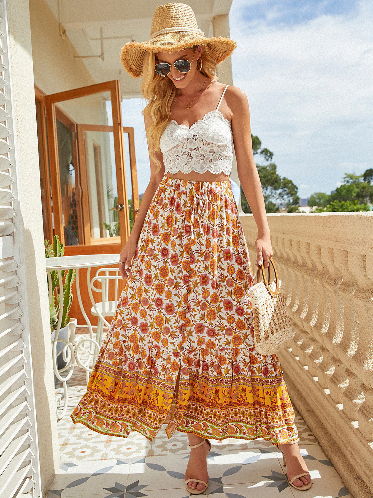 Women's Summer 2025 Boho Floral Elastic High Waist Midi Skirts