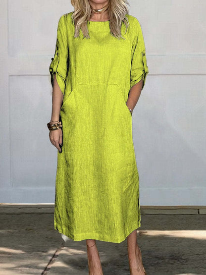🔥HOT SALE🔥Women Summer Solid Color Linen Cotton Casual Double Side Pocket Dress(BUY 2 FREE SHIPPING)