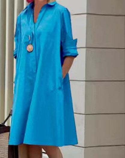 Robe mi-longue à manches longues et col chemise pour femme, nouvelle collection été 2025, avec poches 