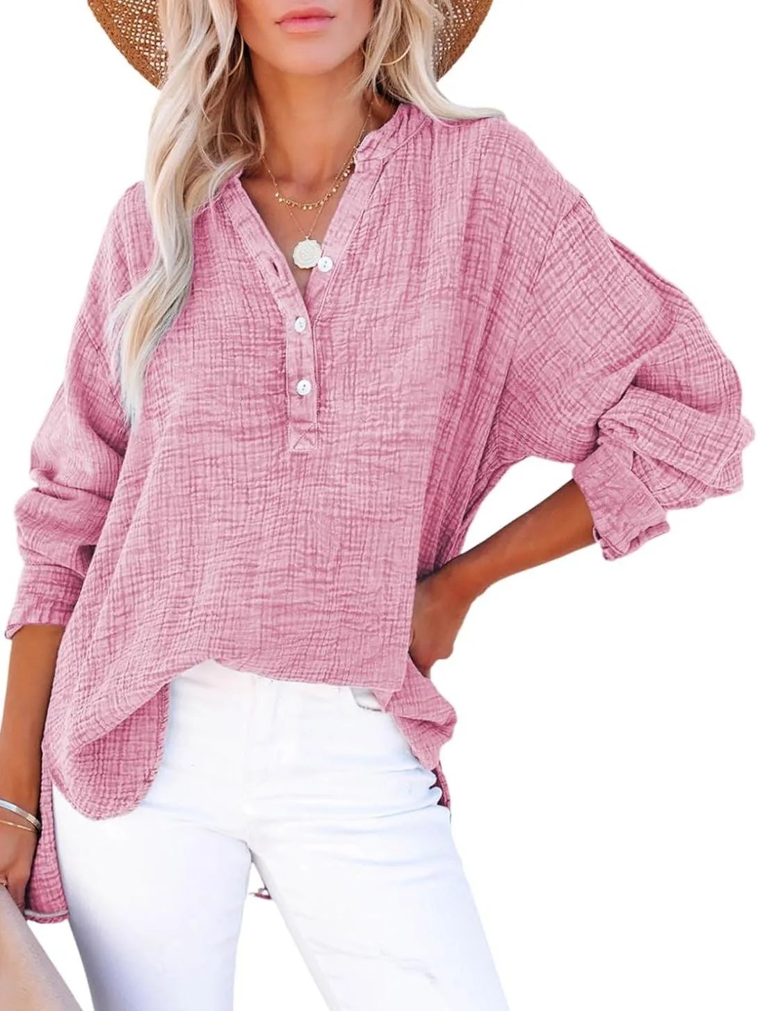 🔥Best-1 Tops 2025🔥Women Casual Button V Neck Long Sleeve Shirts Oversized Solid Blouses Tops