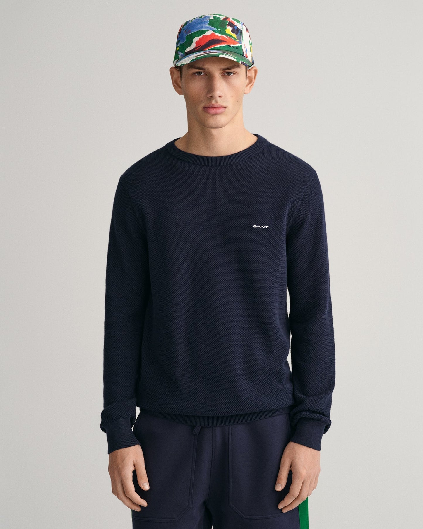 Pull ras du cou en piqué de coton pour homme - BLEU SOIR 