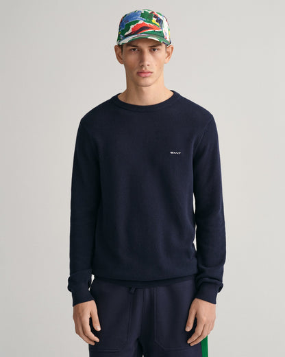 Pull ras du cou en piqué de coton pour homme - BLEU SOIR 