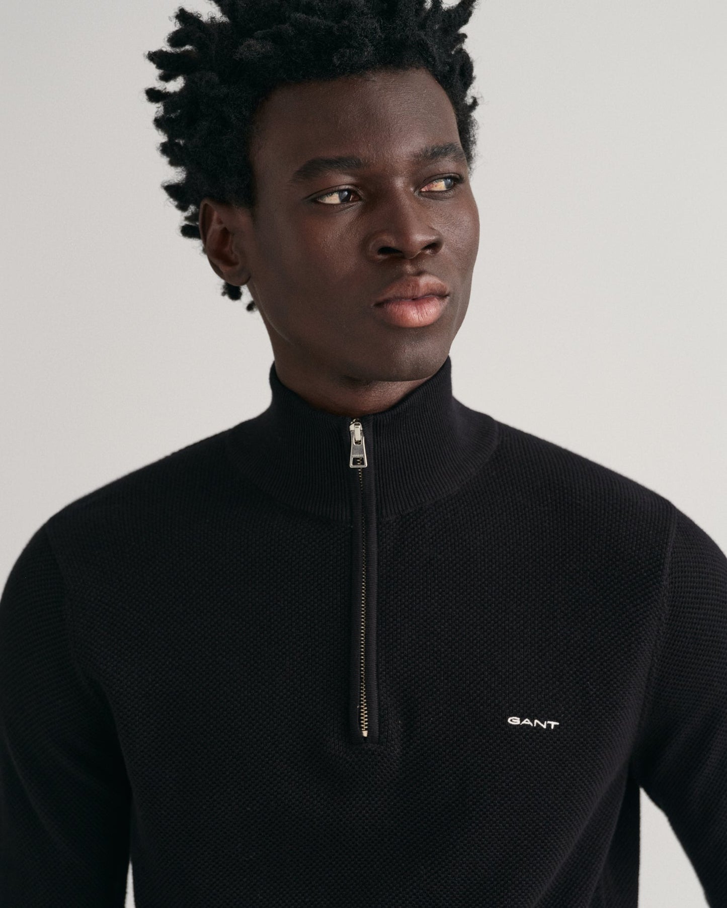 Pull demi-zip en piqué de coton pour homme - NOIR 