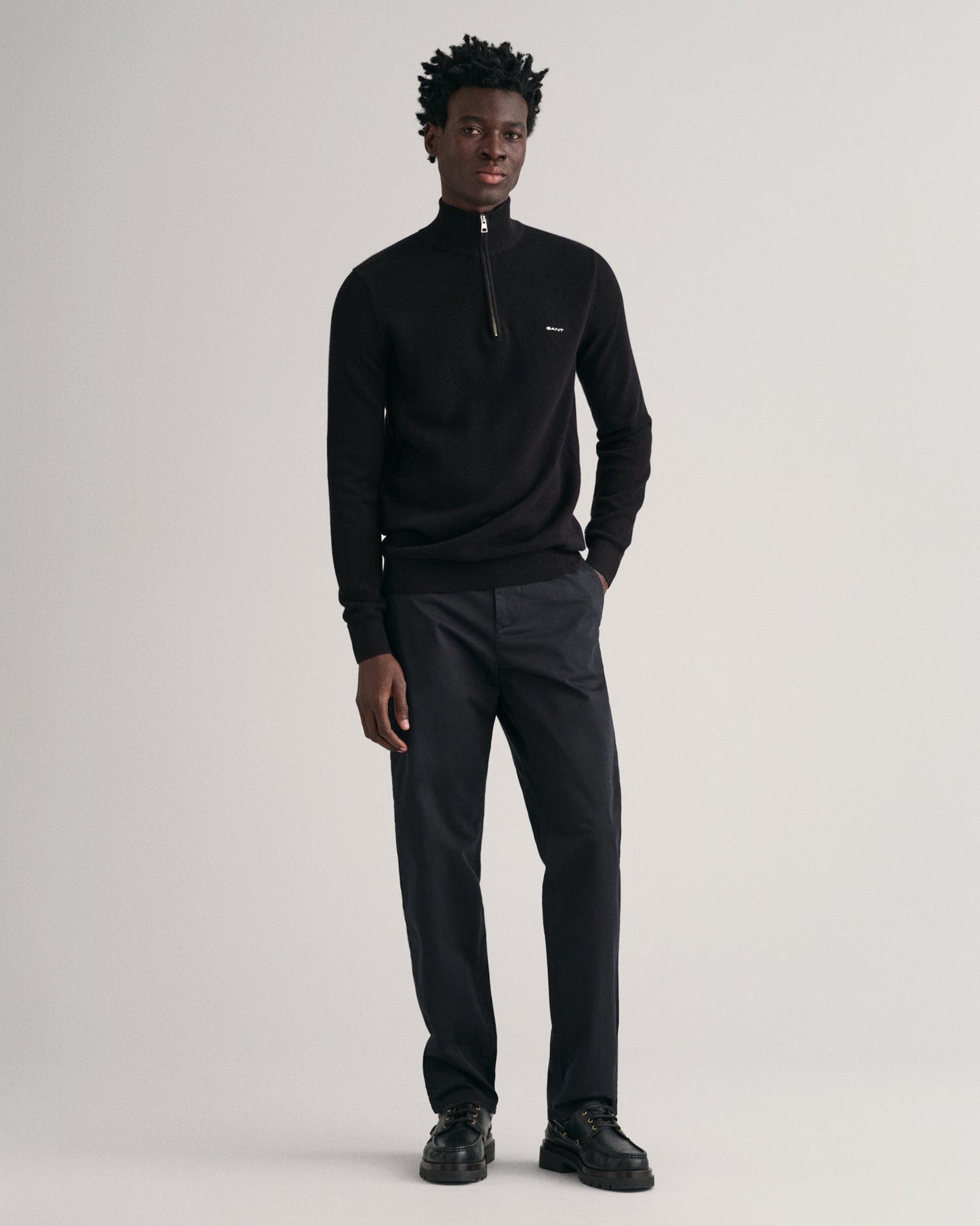 Pull demi-zip en piqué de coton pour homme - NOIR 