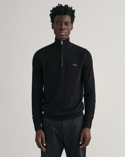 Pull demi-zip en piqué de coton pour homme - NOIR 