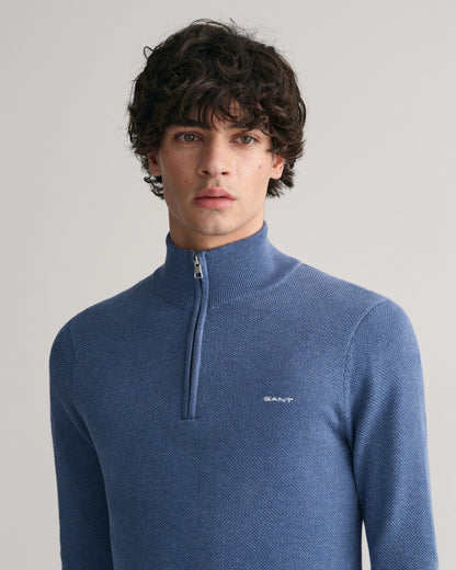 Pull demi-zip en piqué de coton pour homme - DENIM BLUE MEL 
