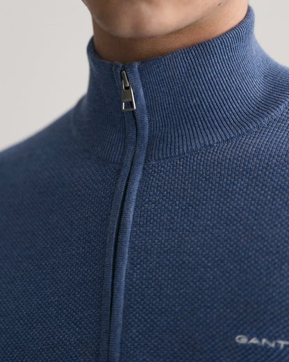 Pull demi-zip en piqué de coton pour homme - DENIM BLUE MEL 