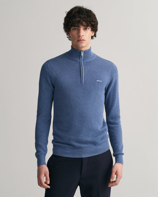 Men's Cotton Piqué Half-Zip Sweater - DENIM BLUE MEL