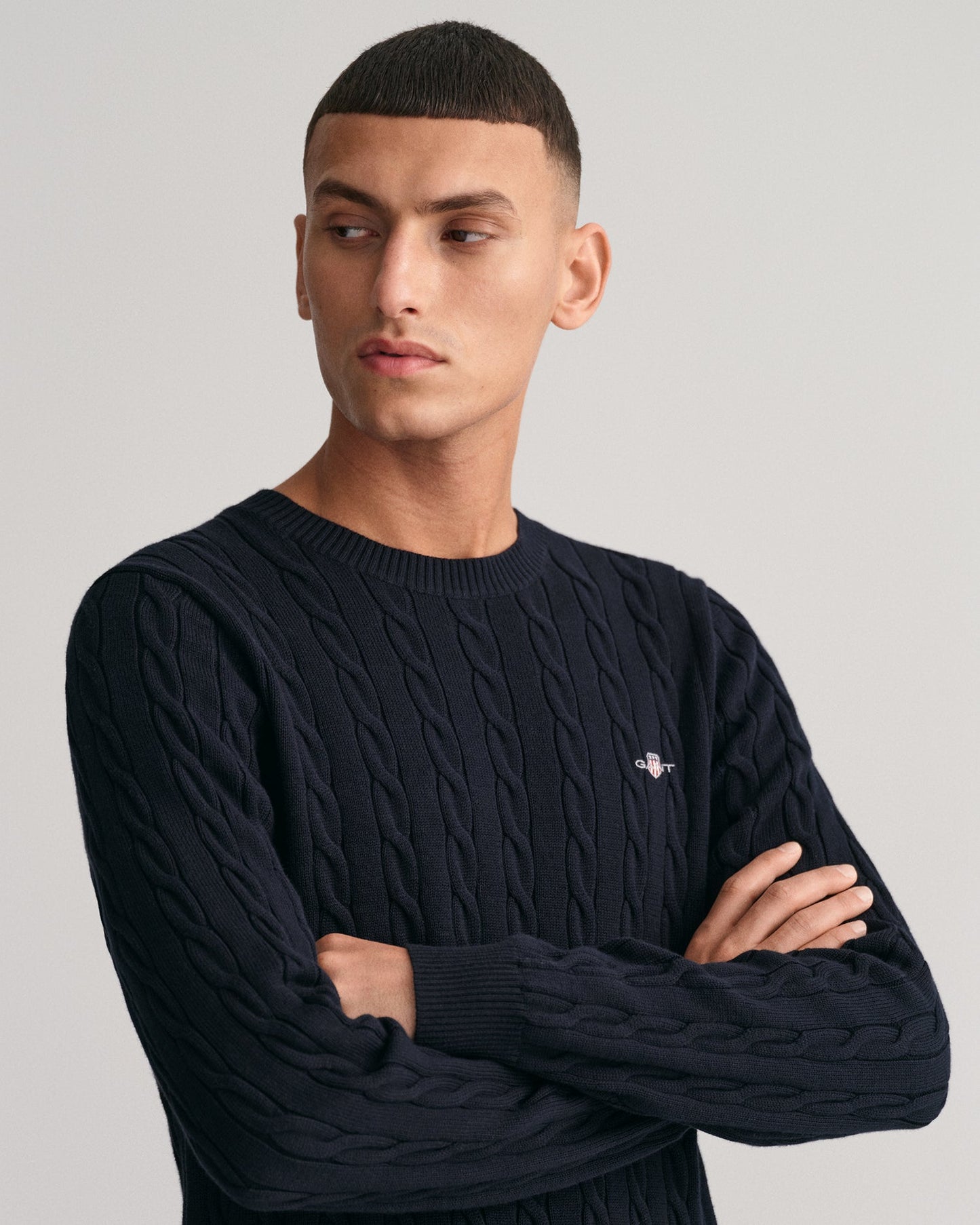 Pull ras du cou en maille torsadée de coton pour homme - BLEU SOIR 