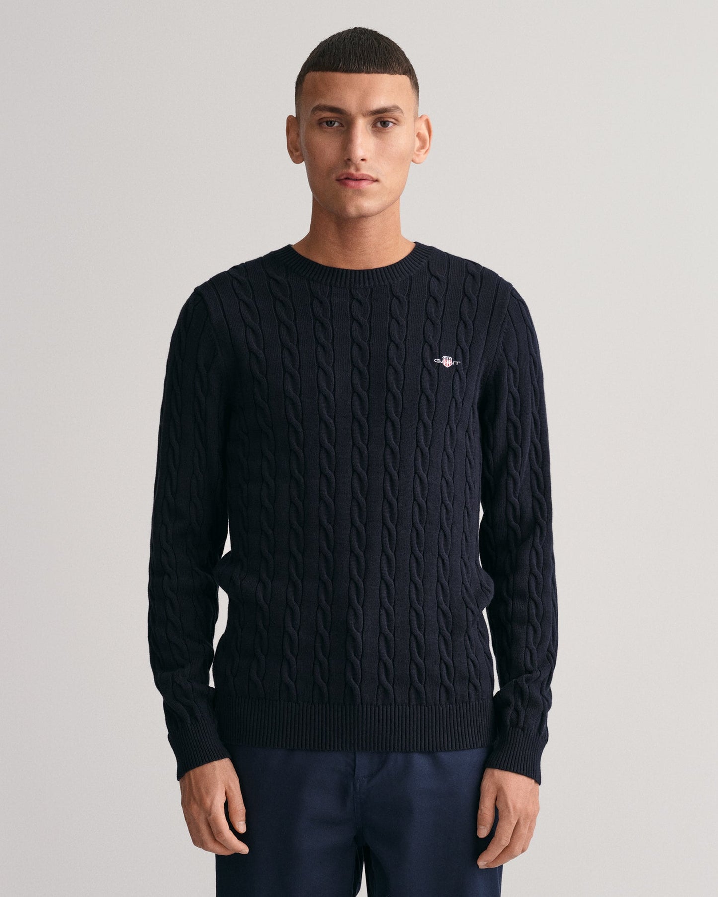 Pull ras du cou en maille torsadée de coton pour homme - BLEU SOIR 
