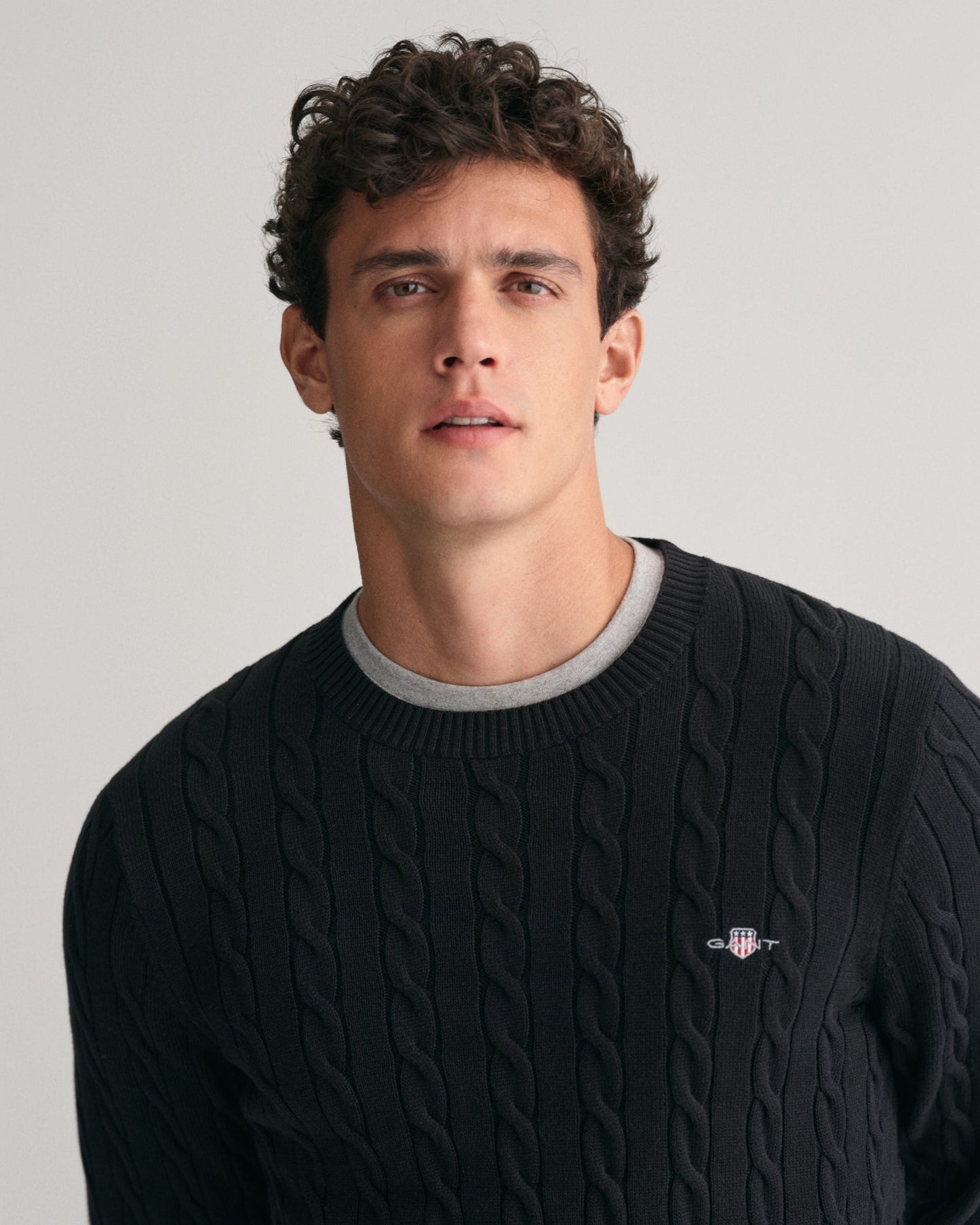 Pull ras du cou en maille torsadée de coton pour homme - NOIR 