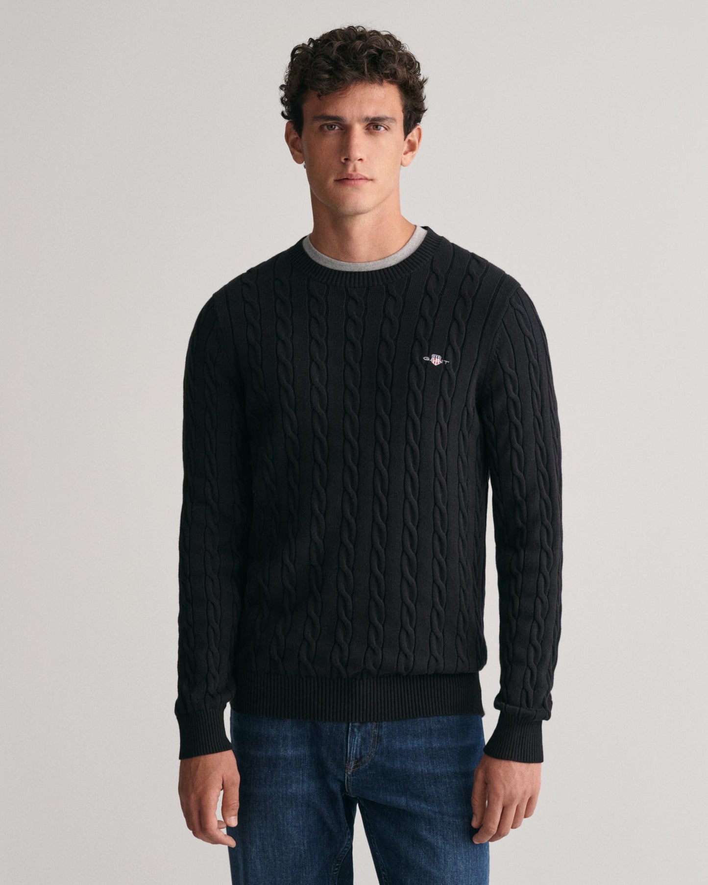 Pull ras du cou en maille torsadée de coton pour homme - NOIR 