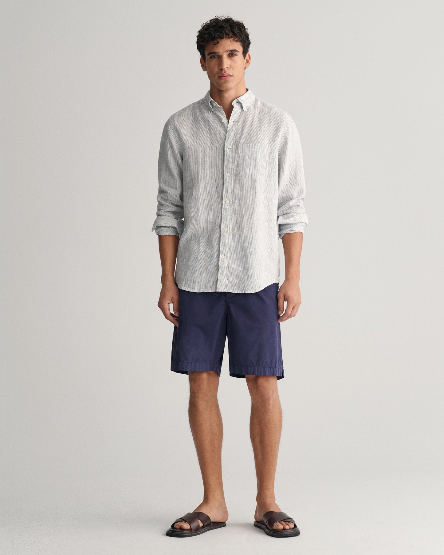 Chemise rayée en lin coupe classique pour homme - BLANC 