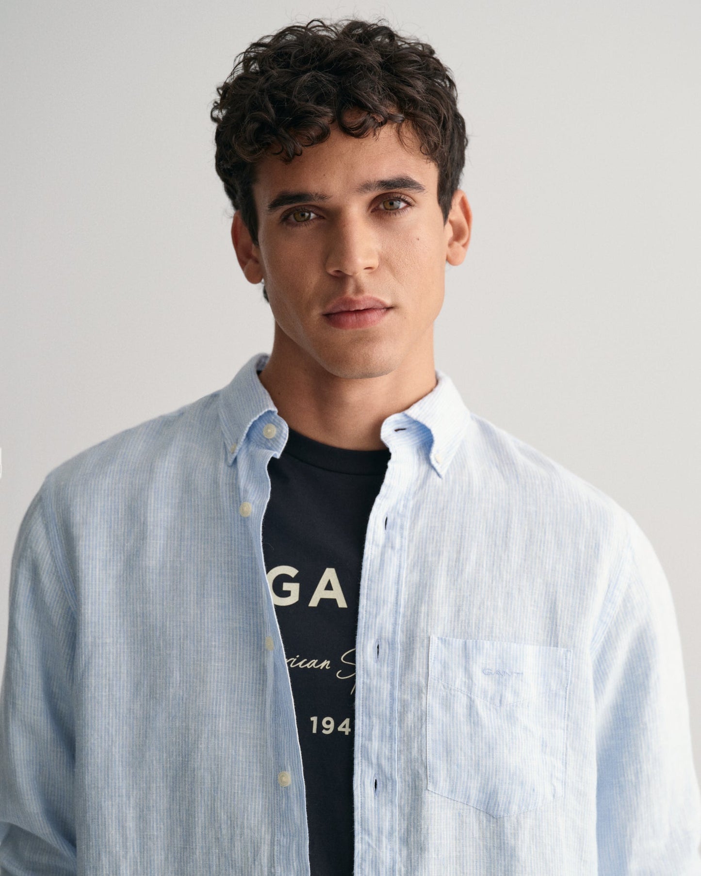 Chemise rayée en lin coupe classique pour homme - Bleu Capri 