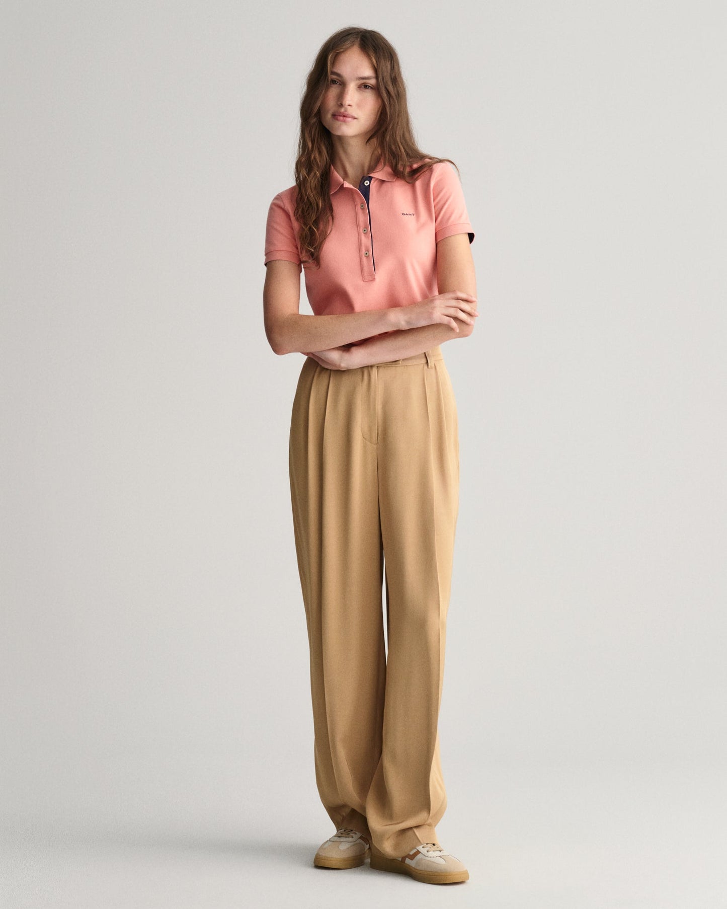 Polo piqué à col contrasté pour femme - ROSE PÊCHE 