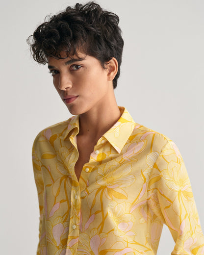 Women's Regular Fit Magnolia Print Cotton Silk Shirt - DUSTY YELLOW