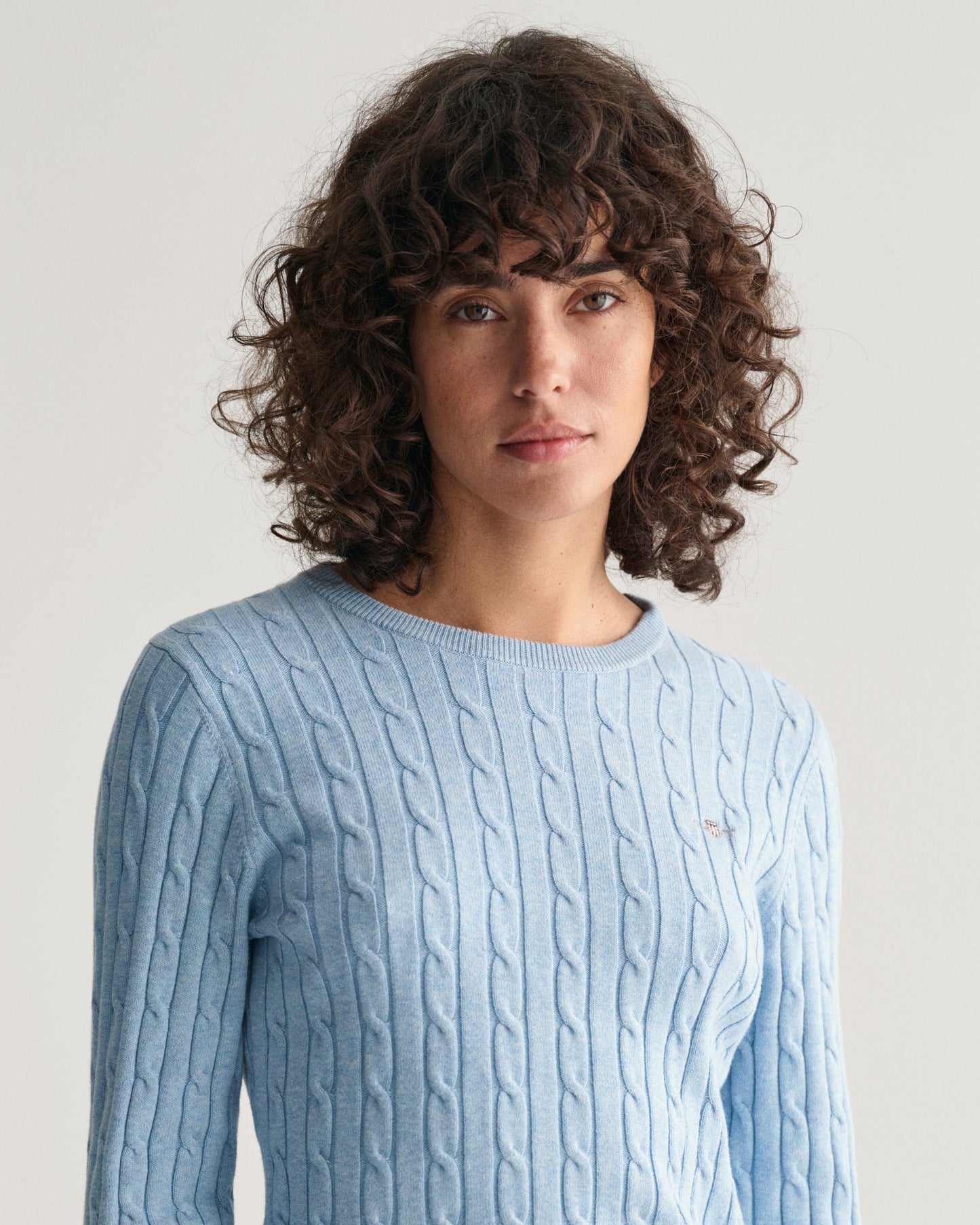 Pull ras du cou en maille torsadée de coton extensible pour femme - BLEU COLOMBE 