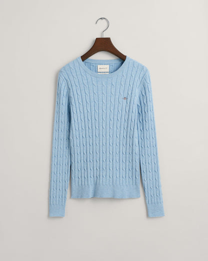 Pull ras du cou en maille torsadée de coton extensible pour femme - BLEU COLOMBE 