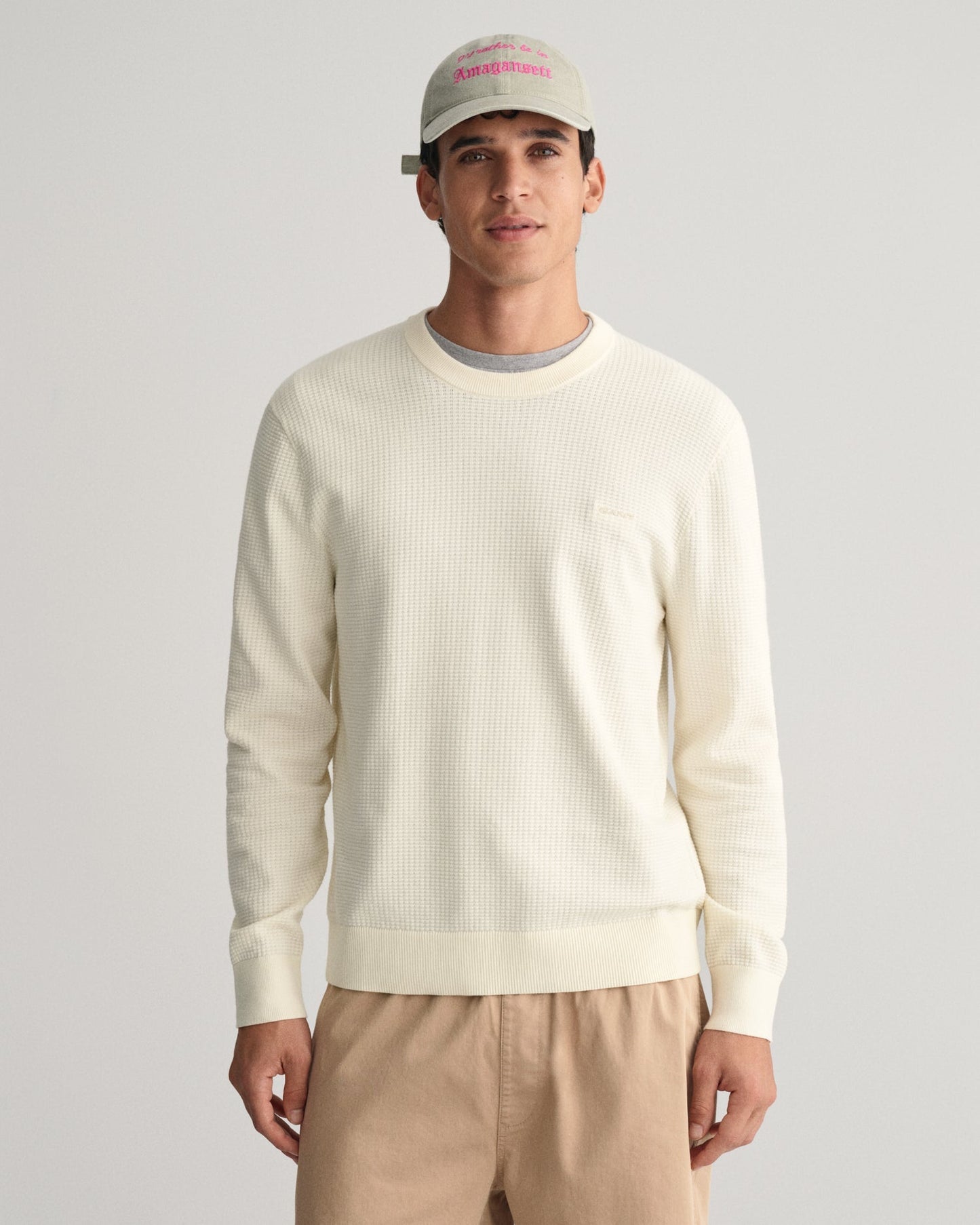Pull ras du cou en coton texturé pour homme - CRÈME 