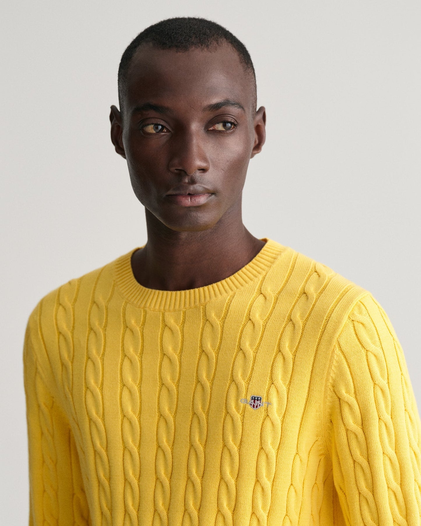 Pull ras du cou en maille torsadée de coton pour homme - Jaune lisse 