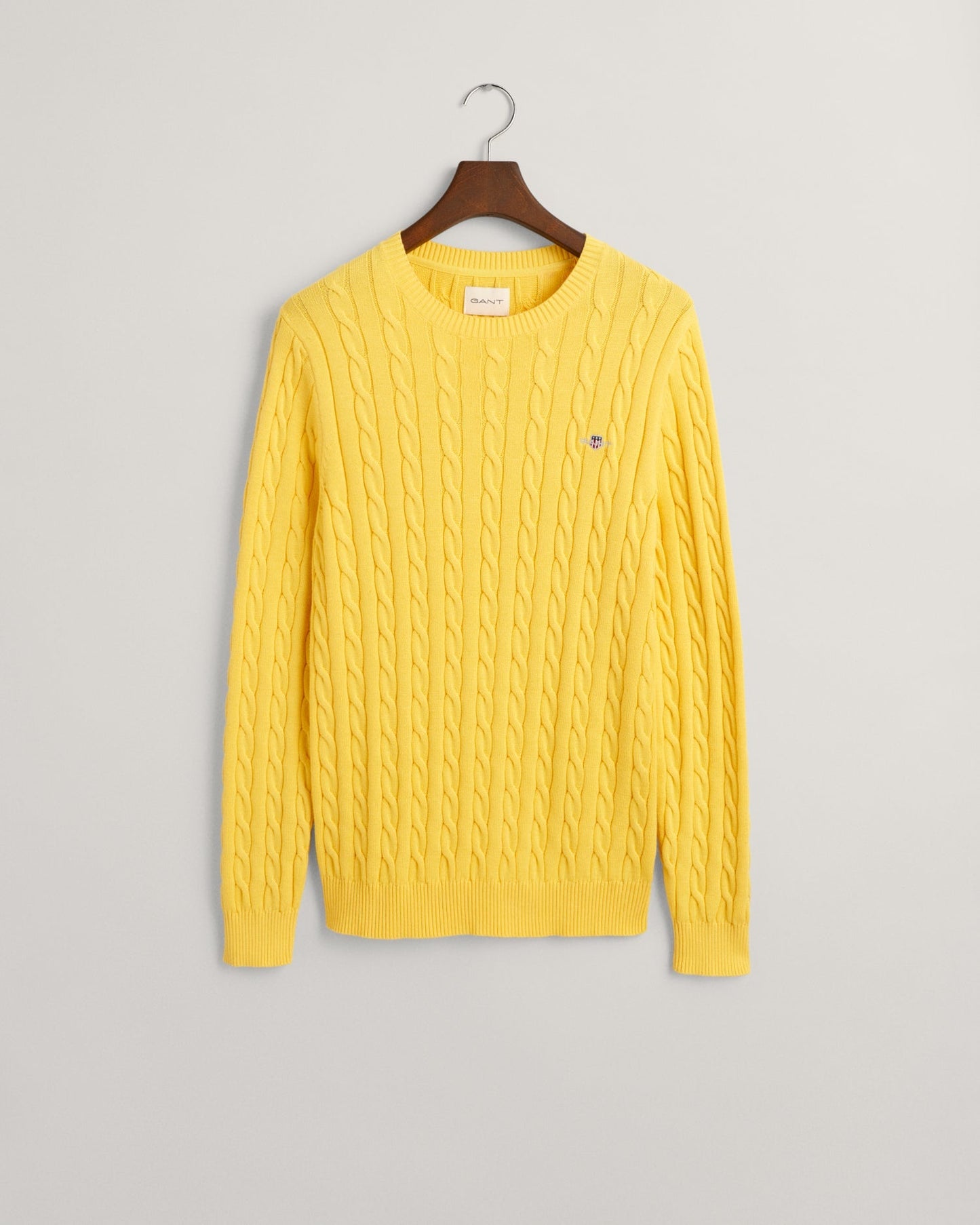 Pull ras du cou en maille torsadée de coton pour homme - Jaune lisse 