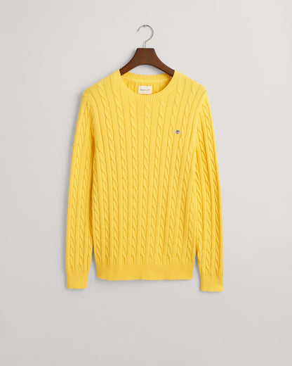 Pull ras du cou en maille torsadée de coton pour homme - Jaune lisse 
