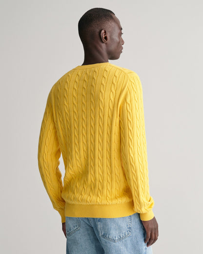 Pull ras du cou en maille torsadée de coton pour homme - Jaune lisse 