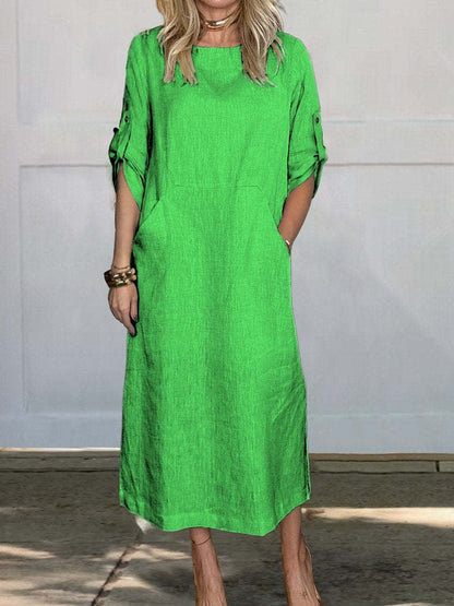 🔥HOT SALE🔥Women Summer Solid Color Linen Cotton Casual Double Side Pocket Dress(BUY 2 FREE SHIPPING)