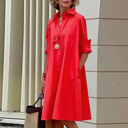Robe mi-longue à manches longues et col chemise pour femme, nouvelle collection été 2025, avec poches 