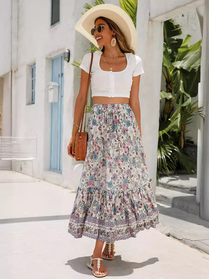 🔥Heute bis zu 69 % Rabatt🔥Damen-Maxiröcke mit Falten, A-Linie, Boho-Blumenmuster, elastisch, hohe Taille