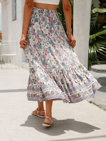 Damen Sommer Boho Blumenmuster Elastischer Strandrock mit hoher Taille