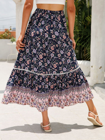 🔥Heute bis zu 69 % Rabatt🔥Damen-Maxiröcke mit Falten, A-Linie, Boho-Blumenmuster, elastisch, hohe Taille