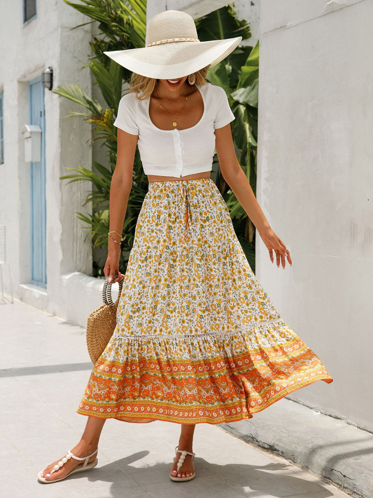 Women's Summer Boho Floral Elastic High Waist Beach Skirts