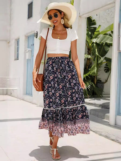 Damen Sommer Boho Blumenmuster Elastischer Strandrock mit hoher Taille