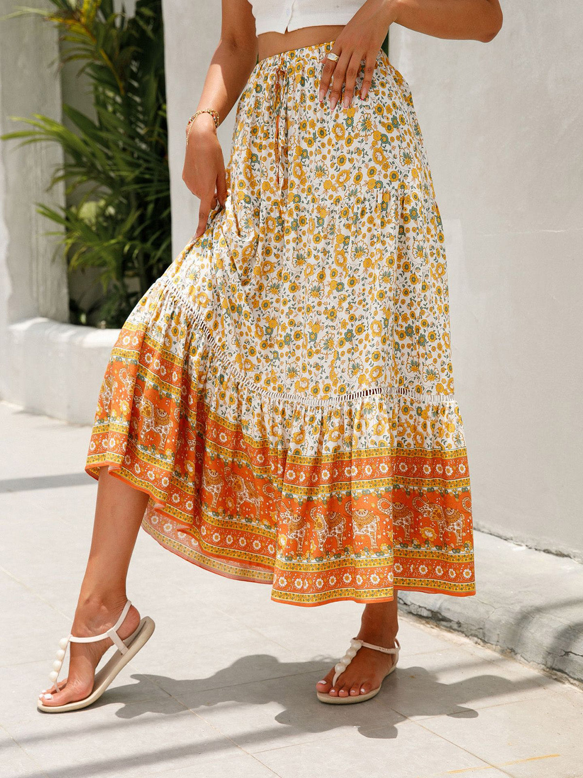 Women's Summer Boho Floral Elastic High Waist Beach Skirts