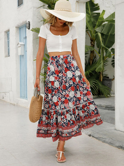 Damen Sommer Boho Blumenmuster Elastischer Strandrock mit hoher Taille