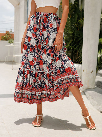 🔥Heute bis zu 69 % Rabatt🔥Damen-Maxiröcke mit Falten, A-Linie, Boho-Blumenmuster, elastisch, hohe Taille