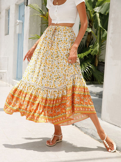 Damen Sommer Boho Blumenmuster Elastischer Strandrock mit hoher Taille