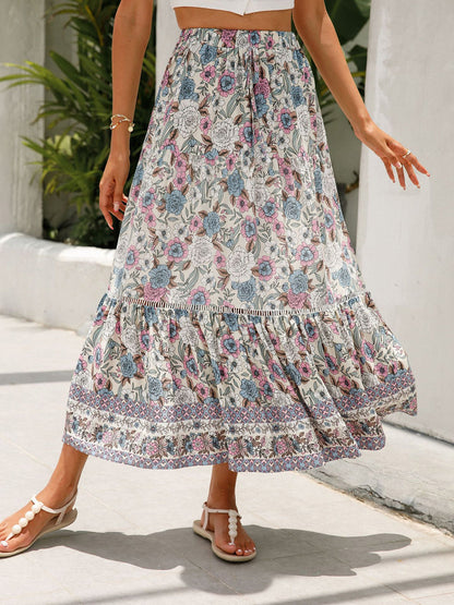 🔥Heute bis zu 69 % Rabatt🔥Damen-Maxiröcke mit Falten, A-Linie, Boho-Blumenmuster, elastisch, hohe Taille
