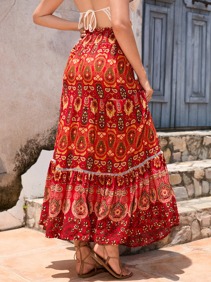 🔥Heute bis zu 69 % Rabatt🔥Damen-Maxiröcke mit Falten, A-Linie, Boho-Blumenmuster, elastisch, hohe Taille