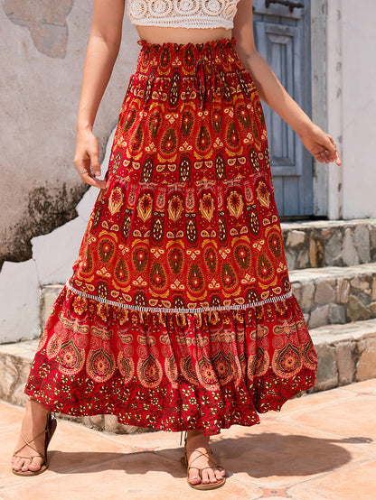 🔥Heute bis zu 69 % Rabatt🔥Damen-Maxiröcke mit Falten, A-Linie, Boho-Blumenmuster, elastisch, hohe Taille