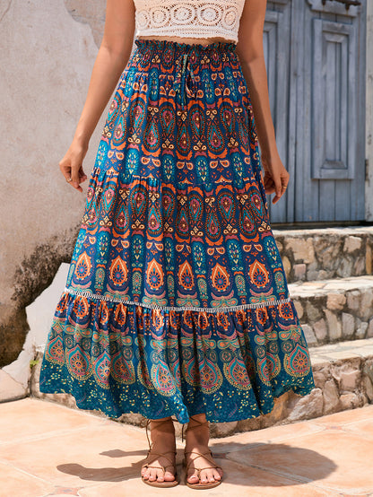 🔥Heute bis zu 69 % Rabatt🔥Damen-Maxiröcke mit Falten, A-Linie, Boho-Blumenmuster, elastisch, hohe Taille
