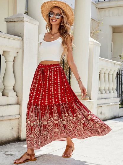 🔥Heute bis zu 69 % Rabatt🔥Damen-Maxiröcke mit Falten, A-Linie, Boho-Blumenmuster, elastisch, hohe Taille