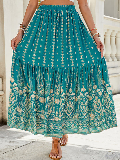 Damen Sommer 2025 Boho Floral High Waist Midi Röcke