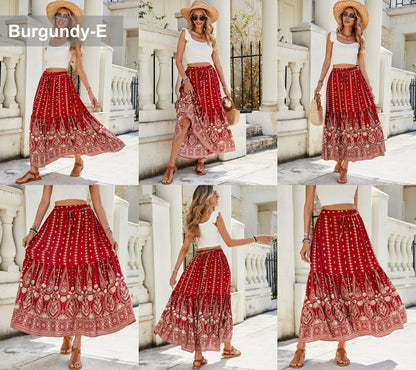 Damen Sommer 2025 Boho Floral High Waist Midi Röcke