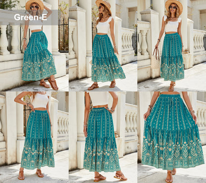 Damen Sommer 2025 Boho Floral High Waist Midi Röcke