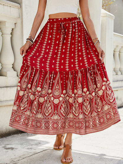 Damen Sommer 2025 Boho Floral High Waist Midi Röcke