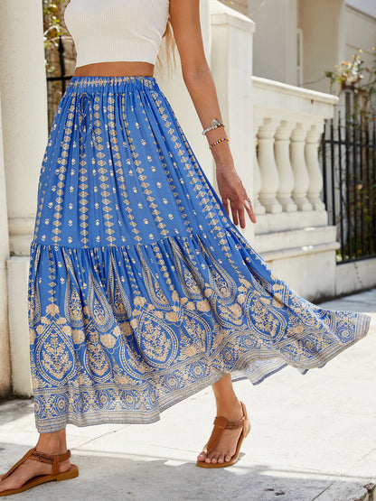 🔥Heute bis zu 69 % Rabatt🔥Damen-Maxiröcke mit Falten, A-Linie, Boho-Blumenmuster, elastisch, hohe Taille