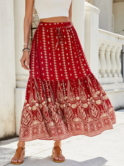 Damen Sommer 2025 Boho Floral High Waist Midi Röcke