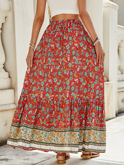 🔥Heute bis zu 69 % Rabatt🔥Damen-Maxiröcke mit Falten, A-Linie, Boho-Blumenmuster, elastisch, hohe Taille